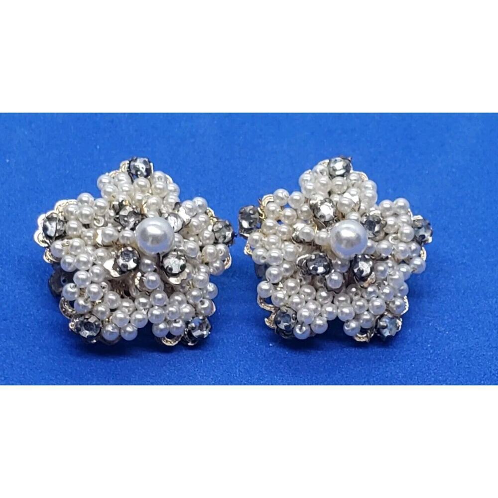 Vintage Clip Earrings Faux Pearl Sequin Rhinestones 1950s Japan Ornate Big